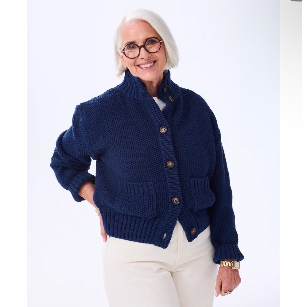 Alice Walk Cardigan Sweater Women S Navy Blue Cotton Chunky Knit Mock Neck $295